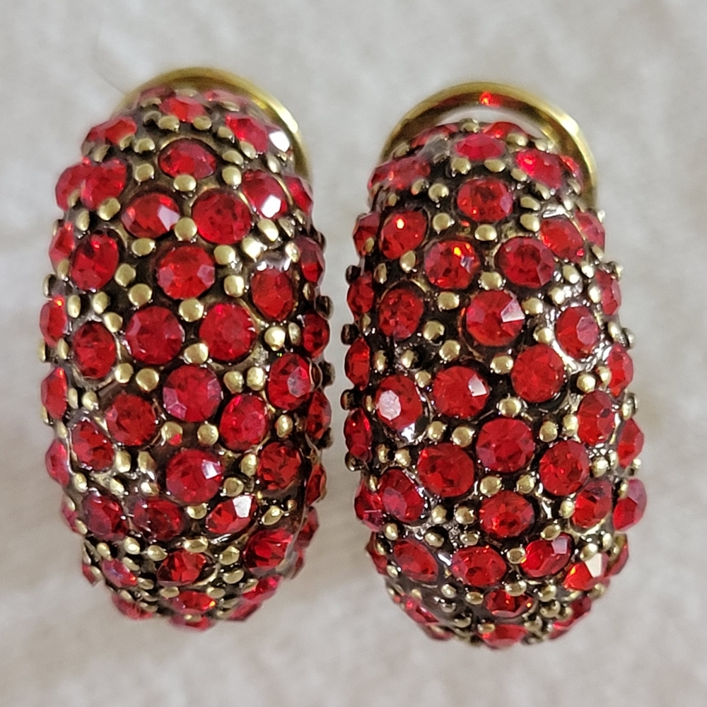 Heidi Daus Swarovski Red Crystal Half Hoop Huggie OMEGA Earrings